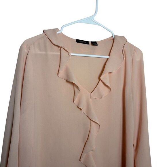 Halogen Blouse Women's Small Pink Ruffle V-Neck Long Sleeve Sheer Career Top - Picture 2 of 8